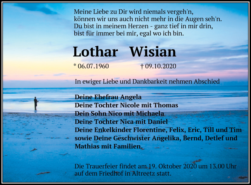  Traueranzeige für Lothar Wisian vom 14.10.2020 aus Märkische Oderzeitung