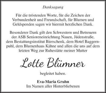 Traueranzeige von Lotte Blümner von Märkische Oderzeitung