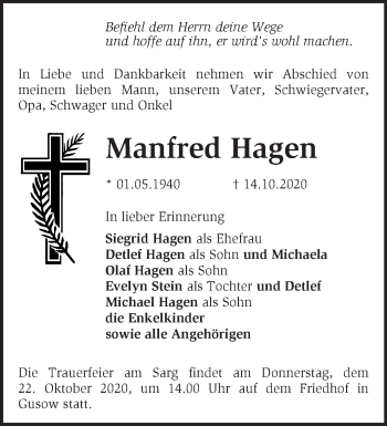 Traueranzeige von Manfred Hagen von Märkische Oderzeitung