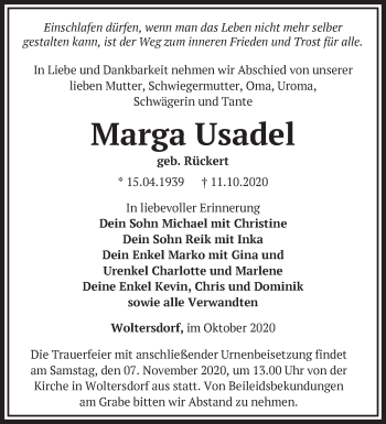 Traueranzeige von Marga Usadel von Märkische Oderzeitung