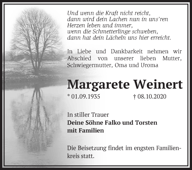  Traueranzeige für Margarete Weinert vom 17.10.2020 aus Märkische Oderzeitung