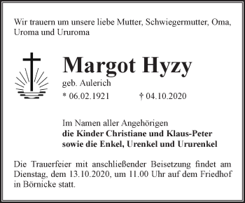 Traueranzeige von Margot Hyzy von Märkische Oderzeitung