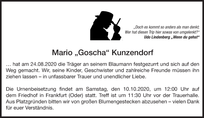  Traueranzeige für Mario  Kunzendorf vom 02.10.2020 aus Märkische Oderzeitung