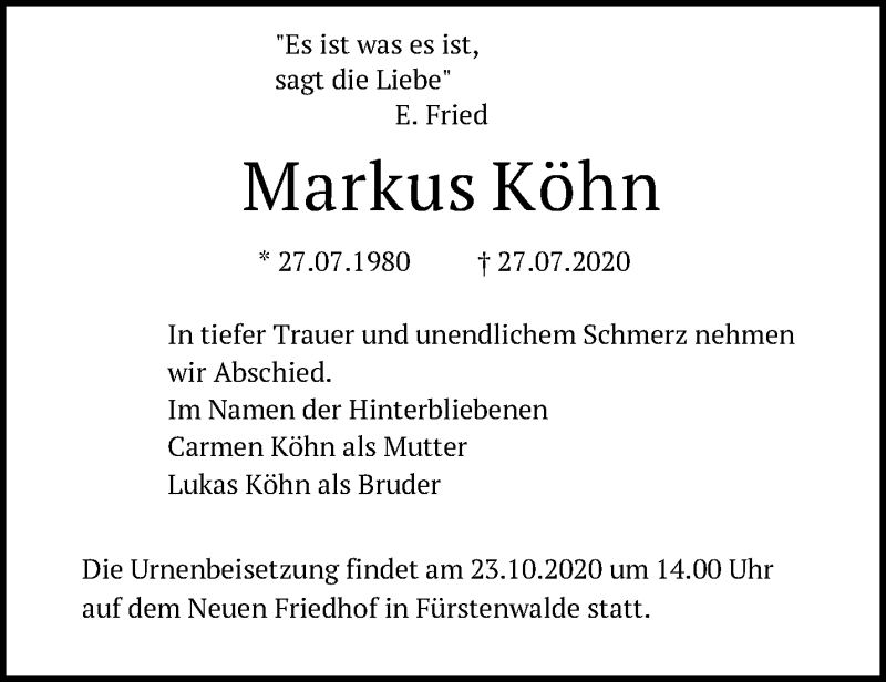  Traueranzeige für Markus Köhn vom 16.10.2020 aus Märkische Oderzeitung