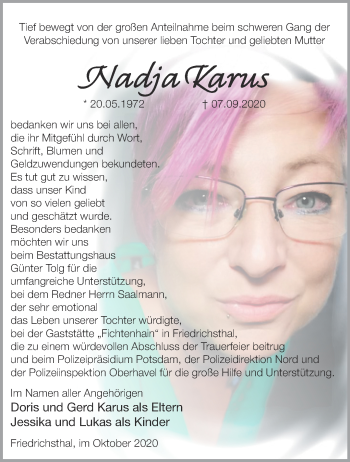 Traueranzeige von Nadja Karus von Märkische Oderzeitung