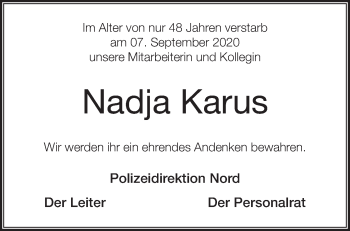 Traueranzeige von Nadja Karus von Märkische Oderzeitung