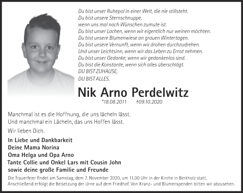  Traueranzeige für Nik Arno Perdelwitz vom 25.10.2020 aus Märkische Oderzeitung