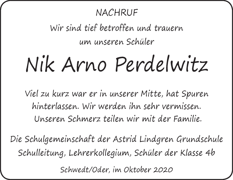  Traueranzeige für Nik Arno Perdelwitz vom 28.10.2020 aus Märkische Oderzeitung
