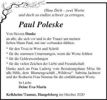 Traueranzeige von Paul Poleske von Märkische Oderzeitung