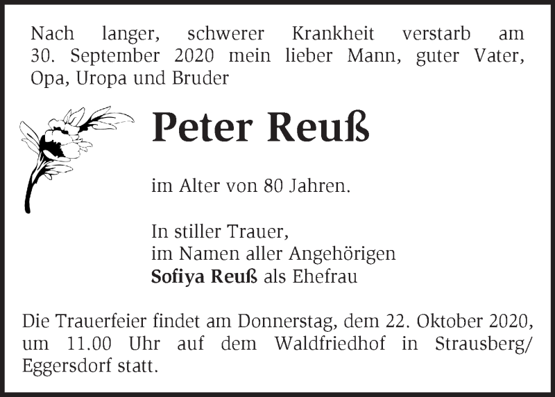  Traueranzeige für Peter Reuß vom 17.10.2020 aus Märkische Oderzeitung