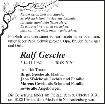 Traueranzeige von Ralf Gesche von Märkische Oderzeitung