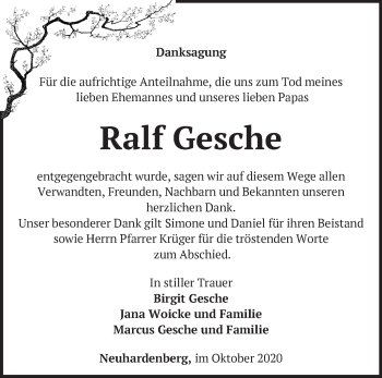 Traueranzeige von Ralf Gesche von Märkische Oderzeitung