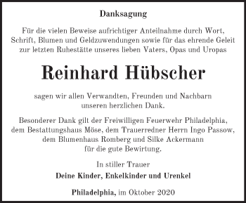 Traueranzeige von Reinhard Hübscher von Märkische Oderzeitung