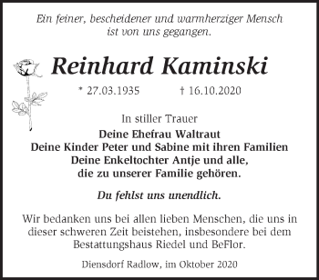 Traueranzeige von Reinhard Kaminski von Märkische Oderzeitung