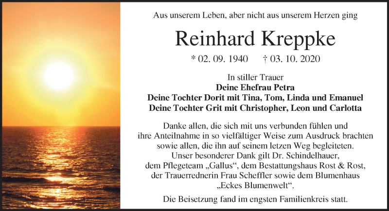  Traueranzeige für Reinhard Kreppke vom 24.10.2020 aus Märkische Oderzeitung