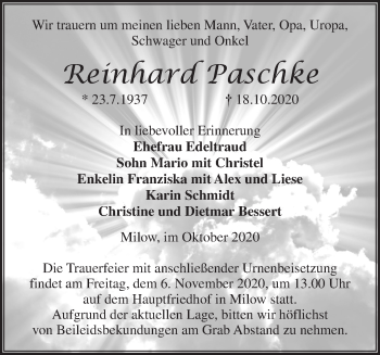 Traueranzeige von Reinhard Paschke von Märkische Oderzeitung