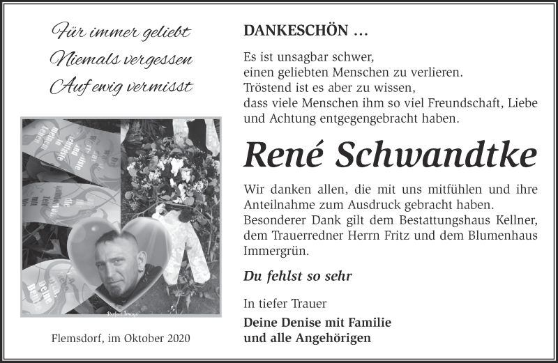  Traueranzeige für René Schwandtke vom 25.10.2020 aus Märkische Oderzeitung