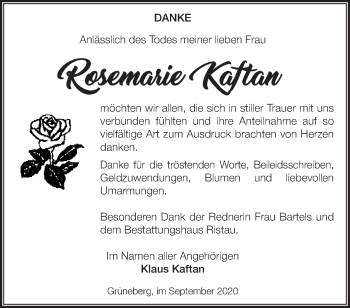 Traueranzeige von Rosemarie Kaftan von Märkische Oderzeitung