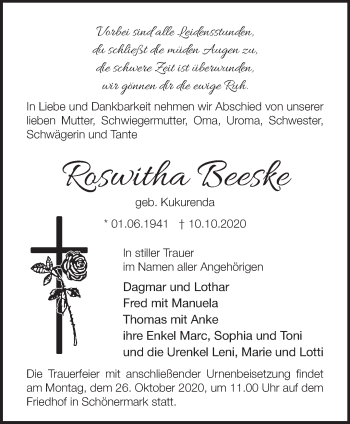 Traueranzeige von Roswitha Beeske von Märkische Oderzeitung