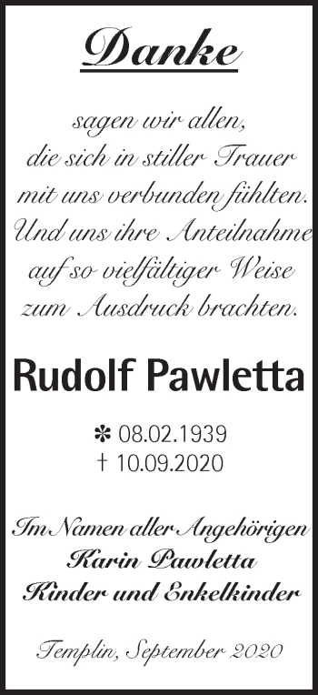 Traueranzeige von Rudolf Pawletta von Märkische Oderzeitung