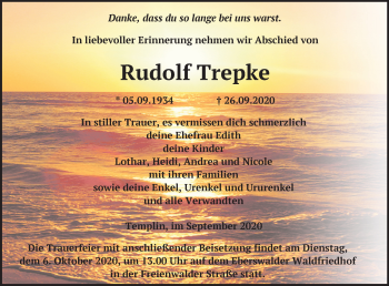 Traueranzeige von Rudolf Trepke von Märkische Oderzeitung