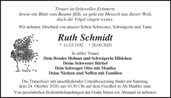 Traueranzeige von Ruth Schmidt von Märkische Oderzeitung