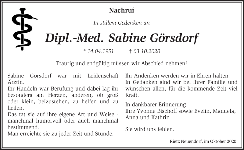  Traueranzeige für Sabine Görsdorf vom 17.10.2020 aus Märkische Oderzeitung