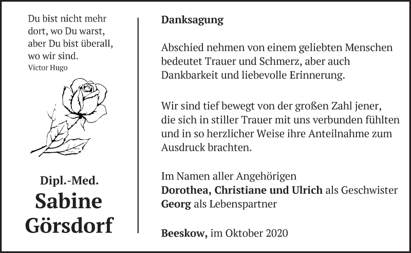 Traueranzeige für Sabine Görsdorf vom 17.10.2020 aus Märkische Oderzeitung