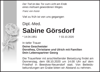 Traueranzeige von Sabine Görsdorf von Märkische Oderzeitung