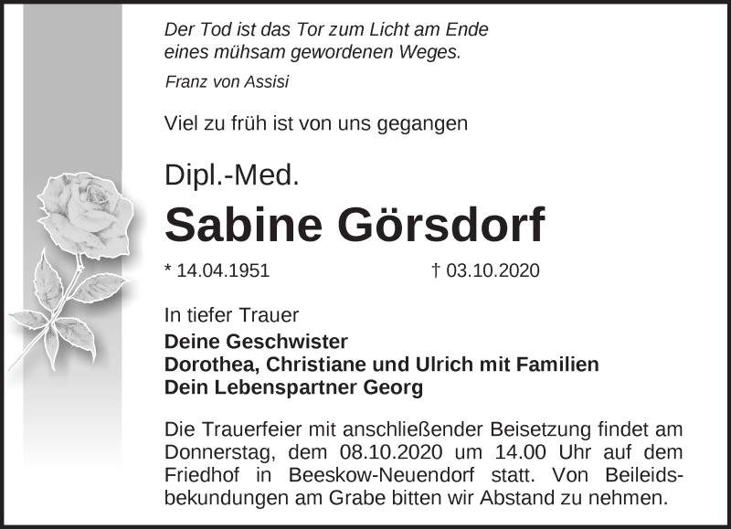  Traueranzeige für Sabine Görsdorf vom 07.10.2020 aus Märkische Oderzeitung
