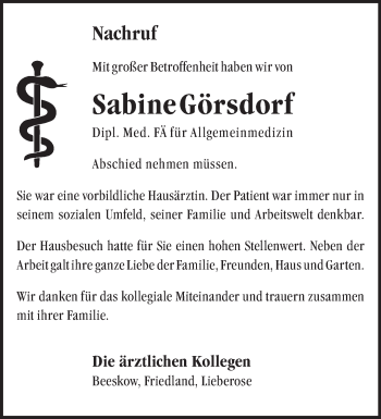 Traueranzeige von Sabine Görsdorf von Märkische Oderzeitung