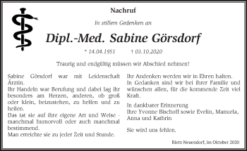 Traueranzeige von Sabine Görsdorf von Märkische Oderzeitung