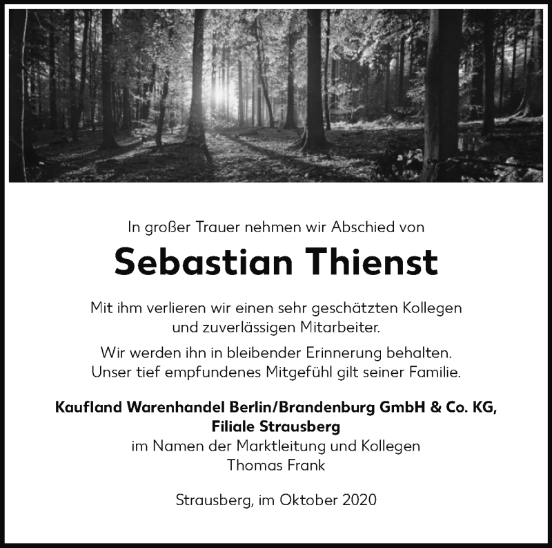  Traueranzeige für Sebastian Thienst vom 28.10.2020 aus Märkische Oderzeitung