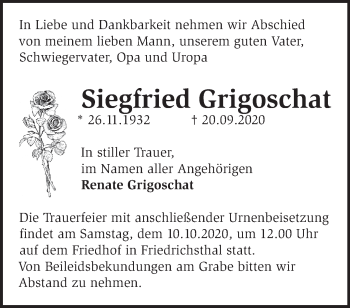 Traueranzeige von Siegfried Grigoschat von Märkische Oderzeitung