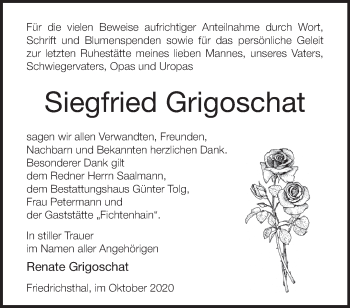 Traueranzeige von Siegfried Grigoschat von Märkische Oderzeitung