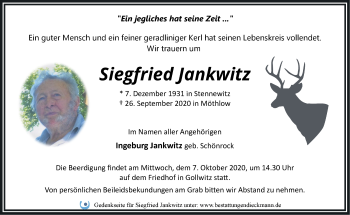 Traueranzeige von Siegfried Jankwitz von Märkische Oderzeitung