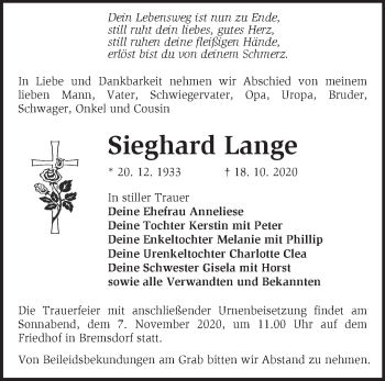 Traueranzeige von Sieghard Lange von Märkische Oderzeitung