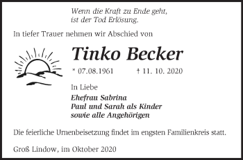 Traueranzeige von Tinko Becker von Märkische Oderzeitung