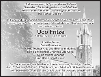 Traueranzeige von Udo Fritze von Märkische Oderzeitung