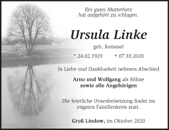 Traueranzeige von Ursula Linke von Märkische Oderzeitung