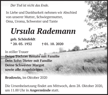 Traueranzeige von Ursula Rademann von Märkische Oderzeitung