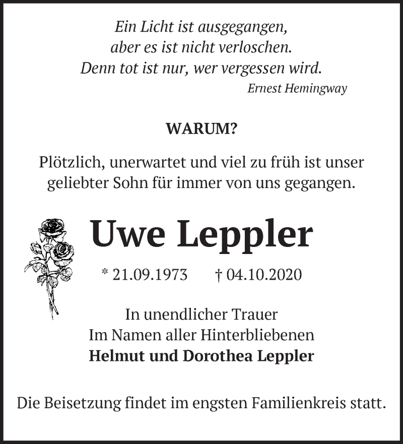 Traueranzeigen Von Uwe Leppler | Märkische Onlinezeitung Trauerportal