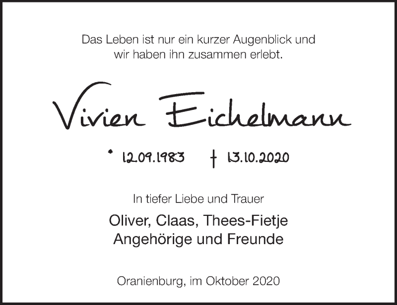  Traueranzeige für Vivien Eichelmann vom 24.10.2020 aus Märkische Oderzeitung