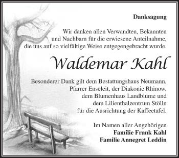 Traueranzeige von Waldemar Kahl von Märkische Oderzeitung