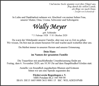 Traueranzeige von Wally Meyer von Märkische Oderzeitung