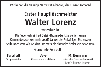 Traueranzeige von Walter Lorenz von Märkische Oderzeitung