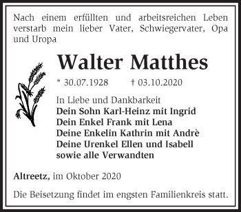 Traueranzeige von Walter Matthes von Märkische Oderzeitung