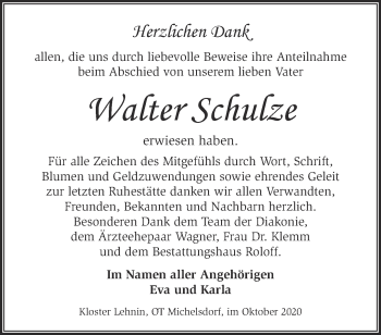 Traueranzeige von Walter Schulze von Märkische Oderzeitung