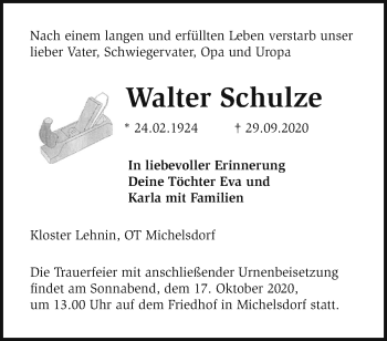 Traueranzeige von Walter Schulze von Märkische Oderzeitung