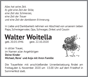 Traueranzeige von Walter Woitella von Märkische Oderzeitung